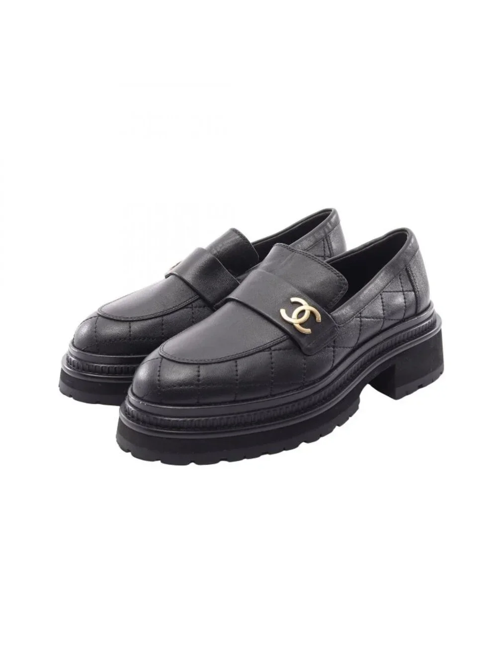 Chanel Loafers CC Logo Quilted Black Leather
